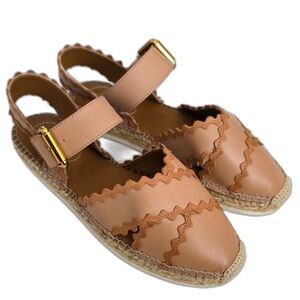 See by Chloé Glyn Blush Tan Leather Scalloped Espadrille Sandals Size 36 NWOB